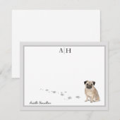 Pug Dog Grey Border Monogram Aangepast Notitiekaartje (Voorkant / Achterkant)
