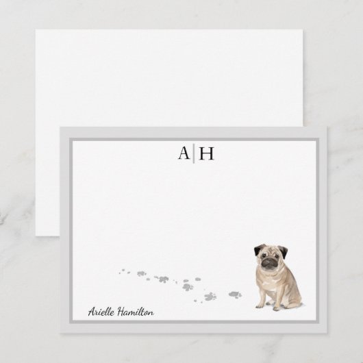 Pug Dog Grey Border Monogram Aangepast Notitiekaartje (Voorkant / Achterkant)