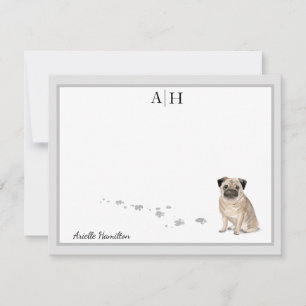Pug Dog Grey Border Monogram Aangepast Notitiekaartje