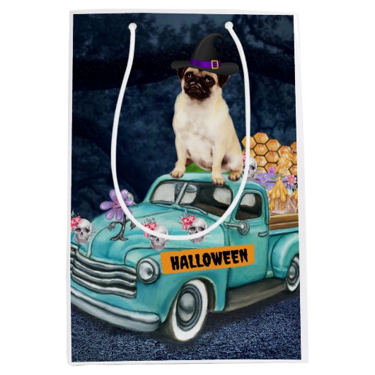 Pug Dog Halloween Truck Scary Night Medium Cadeauzakje (Voorkant)
