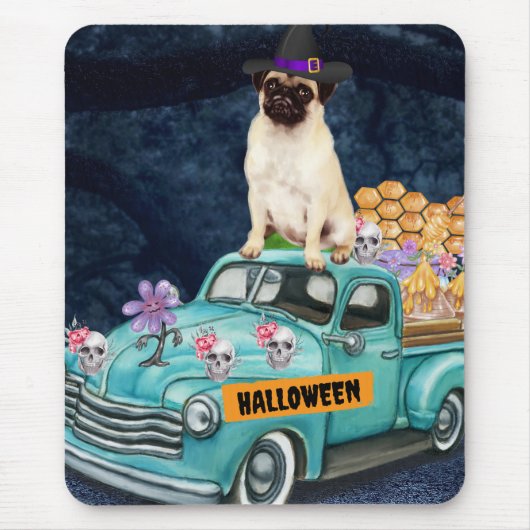 Pug Dog Halloween Truck Scary Night Muismat (Voorkant)