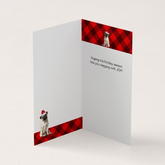 Pug Dog Holiday Red Buffalo Plaid Christmas Kaart (Binnen)