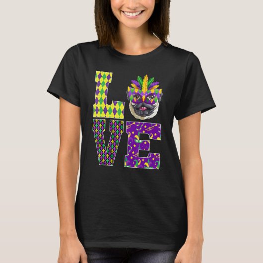 Pug Dog I Love Mardi Gras kostuummasker T-shirt (Voorkant)