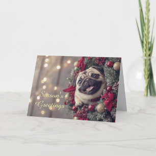 Pug Dog In A Wreath Christmas Kaart