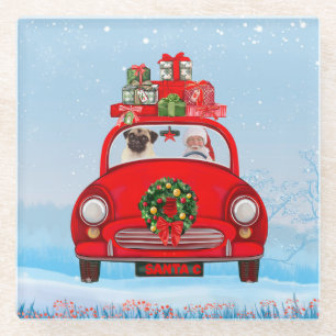 Pug Dog in auto met kerstman Glazen Onderzetter