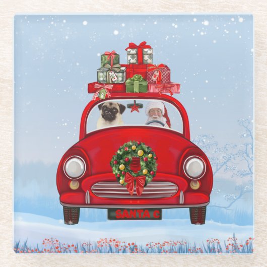 Pug Dog in auto met kerstman Glazen Onderzetter (Voorkant)