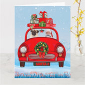 Pug Dog in auto met kerstman Kaart (Gele Bloem)