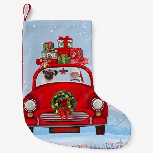 Pug Dog in auto met kerstman Kleine Kerstsok (Voorkant)