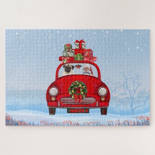 Pug Dog in auto met kerstman Legpuzzel (Horizontaal)