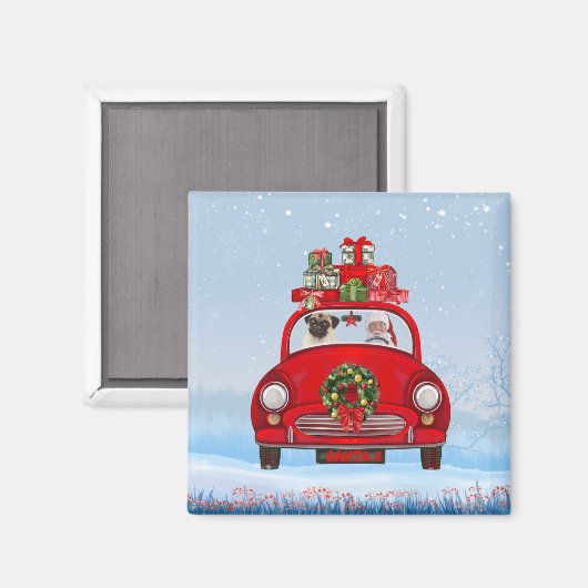 Pug Dog in auto met kerstman Magneet (Voorkant / Achterkant)