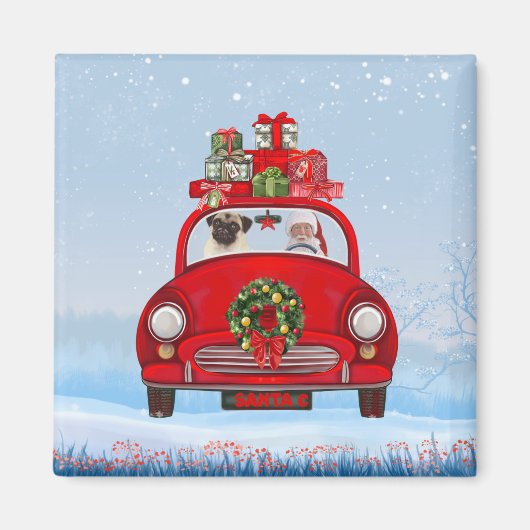 Pug Dog in auto met kerstman Magneet (Voorkant)