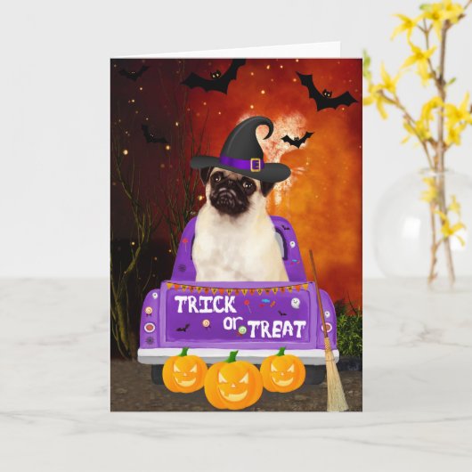 Pug Dog in Halloween Truck Kaart (Gele Bloem)