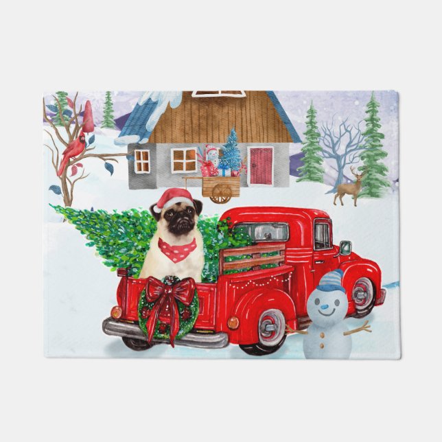 Pug Dog in kerstcadeauwagen Deurmat (Voorkant)