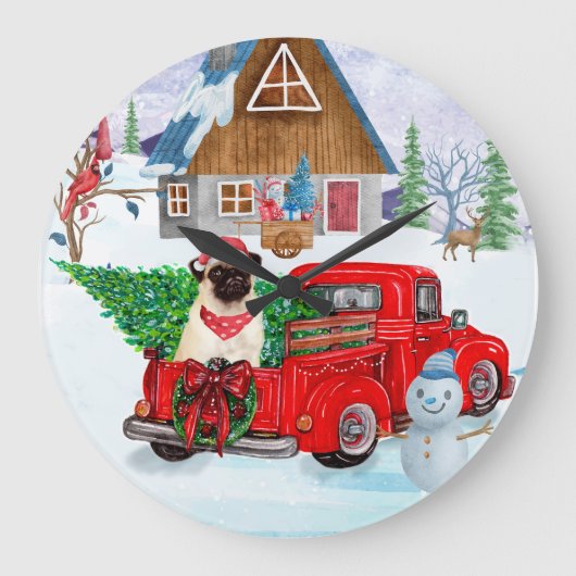 Pug Dog in kerstcadeauwagen Grote Klok (Voorkant)