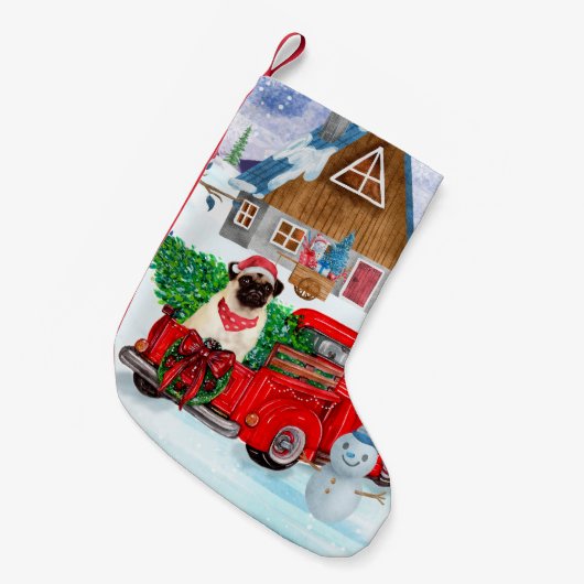 Pug Dog in kerstcadeauwagen Kleine Kerstsok (Voorkant (Hangend))