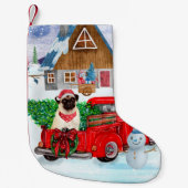 Pug Dog in kerstcadeauwagen Kleine Kerstsok (Voorkant)