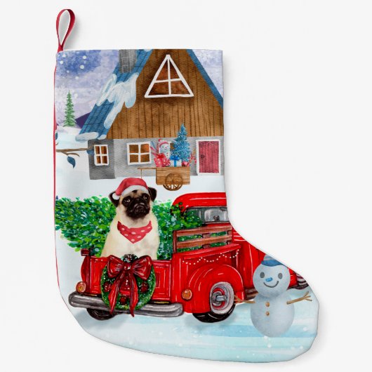 Pug Dog in kerstcadeauwagen Kleine Kerstsok (Voorkant)