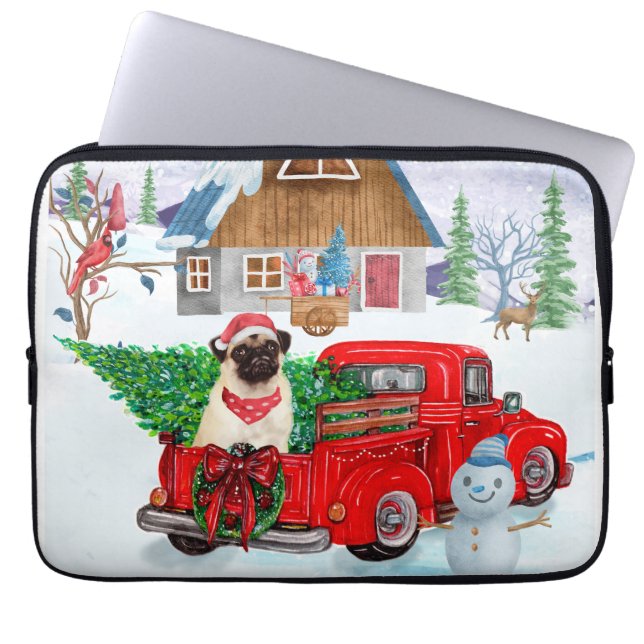 Pug Dog in kerstcadeauwagen Laptop Sleeve (Voorkant)