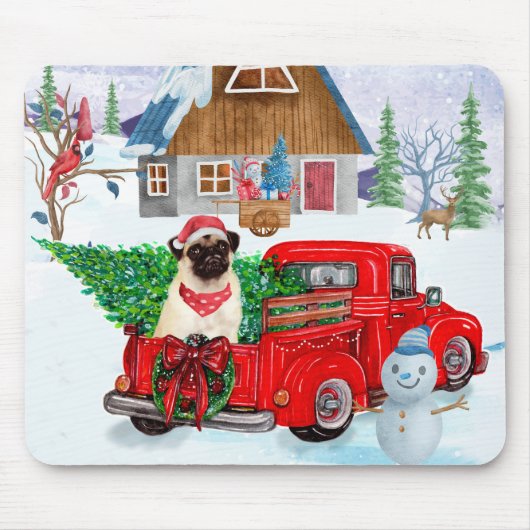 Pug Dog in kerstcadeauwagen Muismat (Voorkant)