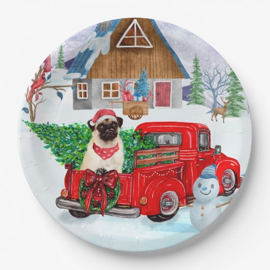 Pug Dog in kerstcadeauwagen Papieren Bordje (Voorkant)
