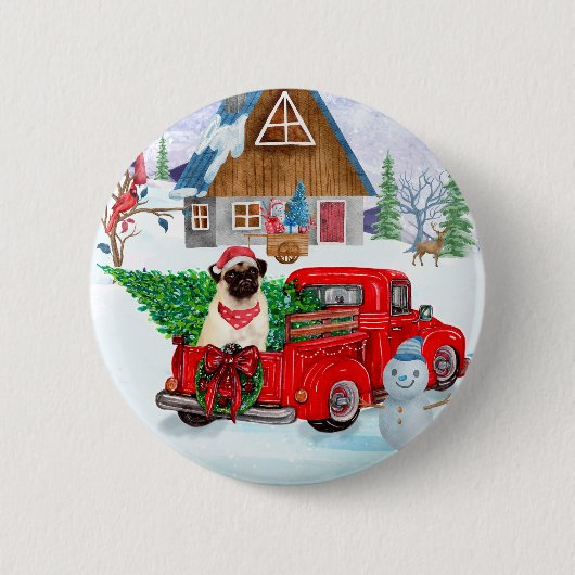 Pug Dog in kerstcadeauwagen Ronde Button 5,7 Cm (Voorkant)