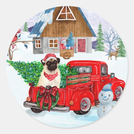 Pug Dog in kerstcadeauwagen Ronde Sticker (Voorkant)