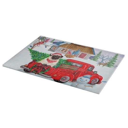 Pug Dog in kerstcadeauwagen Snijplank (Hoek)