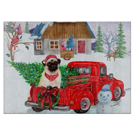 Pug Dog in kerstcadeauwagen Snijplank (Voorkant)