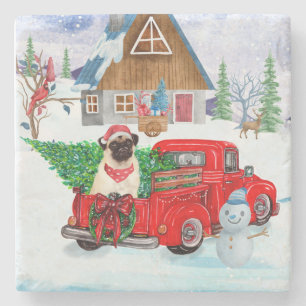 Pug Dog in kerstcadeauwagen Stenen Onderzetter