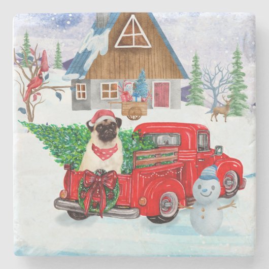 Pug Dog in kerstcadeauwagen Stenen Onderzetter (Voorkant)