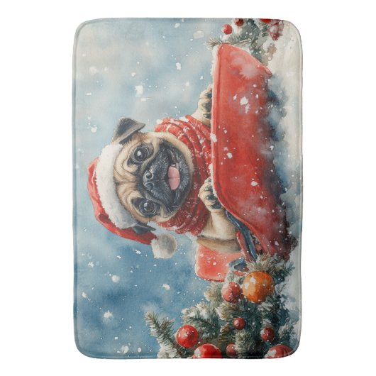 Pug Dog in Sledge Laat het Sneeuw Kerstmis Badmat (Voorkant Verticaal)