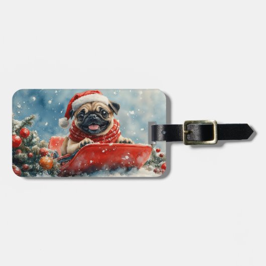 Pug Dog in Sledge Laat het Sneeuw Kerstmis Bagagelabel (Voorkant horizontaal)