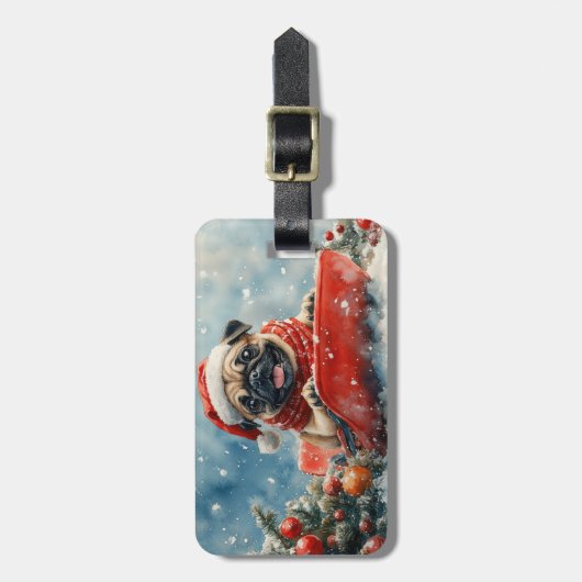 Pug Dog in Sledge Laat het Sneeuw Kerstmis Bagagelabel (Voorkant verticaal)