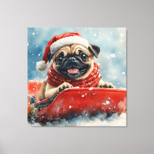 Pug Dog in Sledge Laat het Sneeuw Kerstmis Canvas Afdruk (Voorkant)
