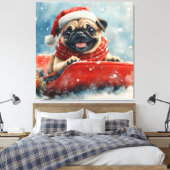 Pug Dog in Sledge Laat het Sneeuw Kerstmis Canvas Afdruk (Insitu (Slaapkamer))