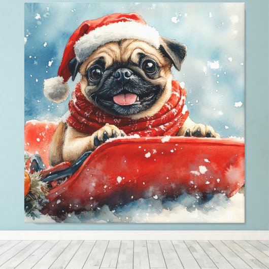 Pug Dog in Sledge Laat het Sneeuw Kerstmis Canvas Afdruk (Insitu (Houten vloer))