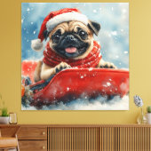 Pug Dog in Sledge Laat het Sneeuw Kerstmis Canvas Afdruk (Insitu (Woonkamer))