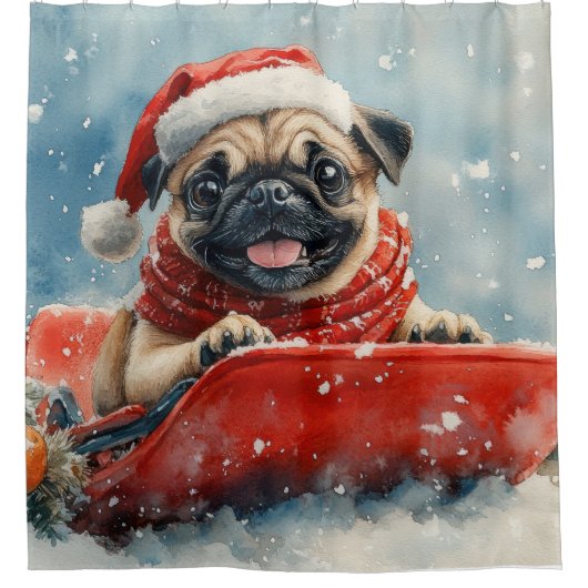 Pug Dog in Sledge Laat het Sneeuw Kerstmis Douchegordijn (Voorkant)
