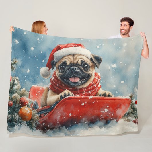 Pug Dog in Sledge Laat het Sneeuw Kerstmis Fleece Deken (In situ)