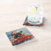 Pug Dog in Sledge Laat het Sneeuw Kerstmis Glazen Onderzetter (Schuin)