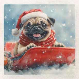 Pug Dog in Sledge Laat het Sneeuw Kerstmis Glazen Onderzetter