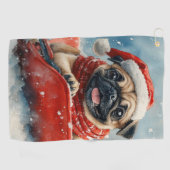 Pug Dog in Sledge Laat het Sneeuw Kerstmis Golfhanddoek (Horizontaal)