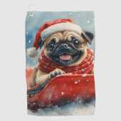 Pug Dog in Sledge Laat het Sneeuw Kerstmis Golfhanddoek (Voorkant)
