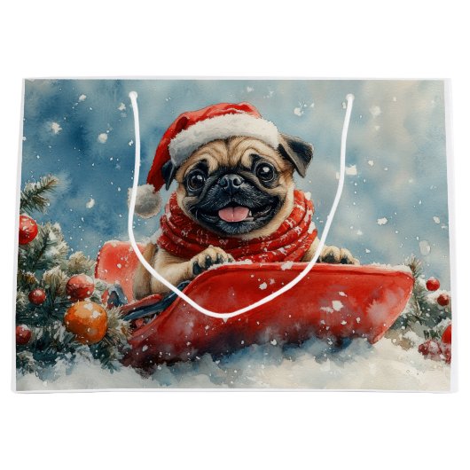Pug Dog in Sledge Laat het Sneeuw Kerstmis Groot Cadeauzakje (Voorkant)