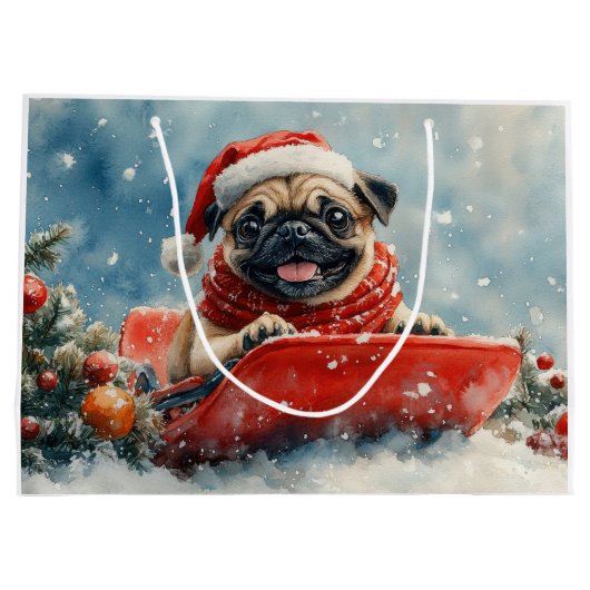 Pug Dog in Sledge Laat het Sneeuw Kerstmis Groot Cadeauzakje (Achterkant)