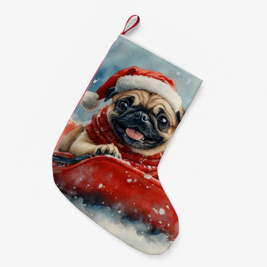 Pug Dog in Sledge Laat het Sneeuw Kerstmis Kleine Kerstsok (Voorkant (Hangend))
