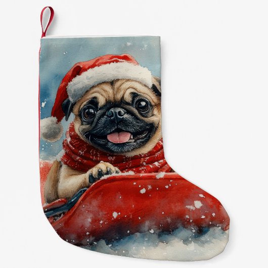 Pug Dog in Sledge Laat het Sneeuw Kerstmis Kleine Kerstsok (Voorkant)