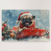 Pug Dog in Sledge Laat het Sneeuw Kerstmis Legpuzzel (Horizontaal)