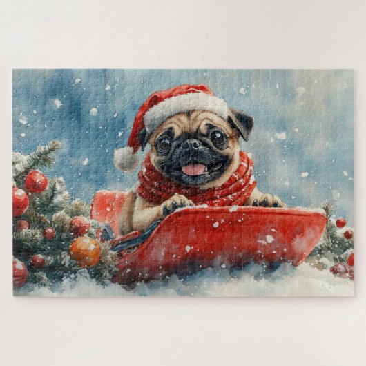 Pug Dog in Sledge Laat het Sneeuw Kerstmis Legpuzzel (Horizontaal)