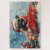 Pug Dog in Sledge Laat het Sneeuw Kerstmis Legpuzzel (Verticaal)